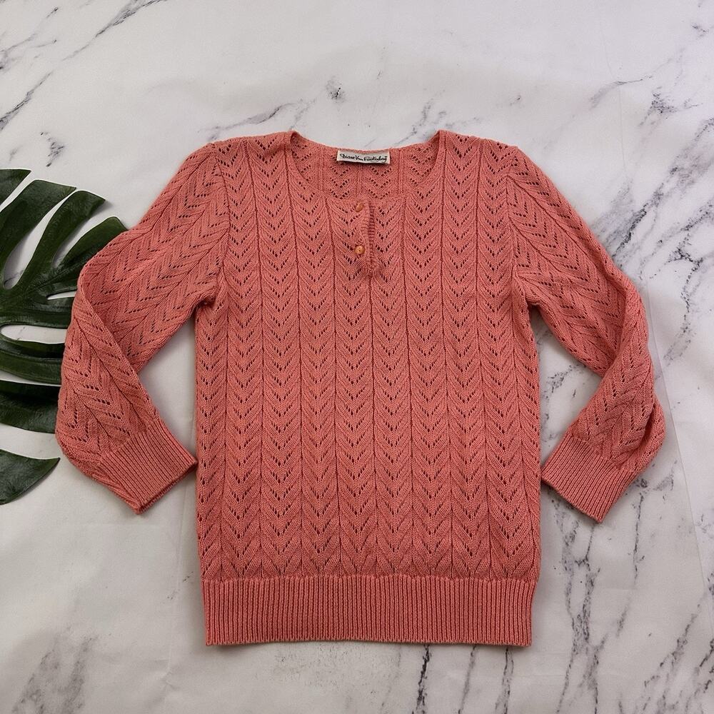 Diane Von Furstenberg Womens Vintage 90s Sweater Size M Coral Pink Open Knit Dvf